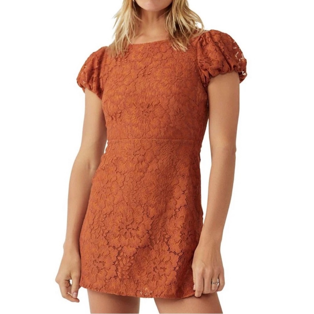 Rare Free People Hailee lace mini dress in copper penny NWT xs perfect condition